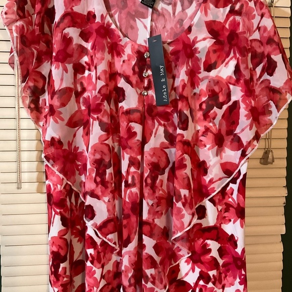 Adele & May Top Blouse Pink Burgundy Floral White Large Sleeveless Cape Collar - Picture 4 of 10